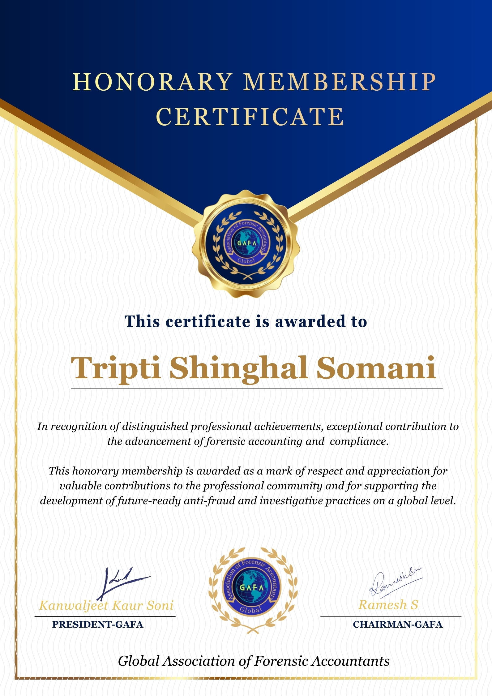 GAFA HONORARY CERTIFICATE OF RECOGNITION